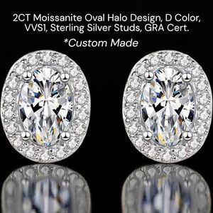 2CTs Oval Halo Moissanite Stud Earrings in Sterling Silver, D Color, VVS1 (GRA)